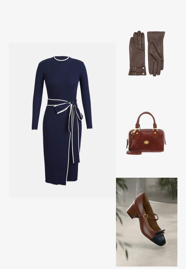 Robe en tricot côtelé bleu marine avec des manches longues, un col rond et des finitions blanches. Dotée d'une ceinture nouée à la taille et d'une fente sur le côté pour le détail.; Talons Mary Jane en cuir marron avec bout noir, nœud noir, bride à boucle dorée et talon bloc sur un sol clair texturé.; The Bridge STODO - Sac à main - marrone oro; Gants en cuir marron à texture lisse, dotés d'une fermeture latérale avec boucles et d'un motif froncé au niveau du poignet.