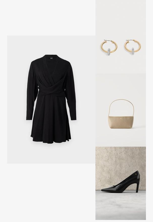 Vestido negro ajustado de tejido suave, con mangas largas, escote en V y falda acampanada, diseñado para una silueta entallada.; Zapato de tacón alto negro con punta puntiaguda y detalle de logotipo dorado, colocado de pie sobre una superficie reflectante junto a un organizador metálico para archivos.; Bolso tejido beige con correa delgada para el hombro y pequeño logo dorado "BOSS" en el frente, presentado sobre un fondo blanco liso.; Par de pendientes de aro en tono dorado con pequeño detalle de aro en tono plateado en cada uno, expuestos sobre un fondo gris claro.