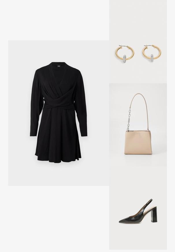 Vestido negro ajustado de tejido suave, con mangas largas, escote en V y falda acampanada, diseñado para una silueta entallada.; Zapato slingback de piel negra con puntera puntiaguda, tacón alto y ancho, y forro interior beige sobre un fondo claro y liso.; Bolso de mano de piel beige con una textura suave, con un acento de cadena plateada en el asa y un cierre de cremallera. "HUGO" grabado en la parte frontal.; Par de pendientes de aro en tono dorado con pequeño detalle de aro en tono plateado en cada uno, expuestos sobre un fondo gris claro.