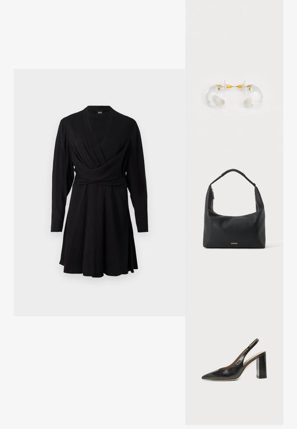 Vestido negro ajustado de tejido suave, con mangas largas, escote en V y falda acampanada, diseñado para una silueta entallada.; Zapato slingback de piel negra con puntera puntiaguda, tacón alto y ancho, y forro interior beige sobre un fondo claro y liso.; Bolso de hombro de cuero negro con asa trenzada, detalle de cremallera dorada y pequeño logo "HUGO" dorado en el centro frontal.; Pendientes de aro de acrílico transparente con acentos dorados, que presentan un diseño curvado y un cierre transparente. Textura suave, estilo minimalista.