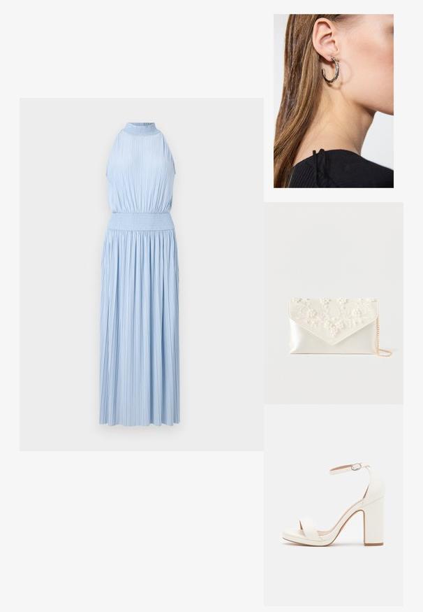 Vestido midi sin mangas de color azul claro con textura plisada y cintura fruncida. El diseño presenta un escote alto y una falda fluida.; Sandalias de tacón alto blancas con correa en el tobillo, diseño minimalista, punta abierta, tacón cuadrado y textura de cuero suave.; Clutch de raso crema con bordado de perlas y flores en la solapa, y una delgada cadena dorada como correa sobre fondo blanco.; Pendiente de aro de plata con un acabado pulido, que presenta pequeños detalles en dorado y una forma redonda, llevado en el lóbulo.
