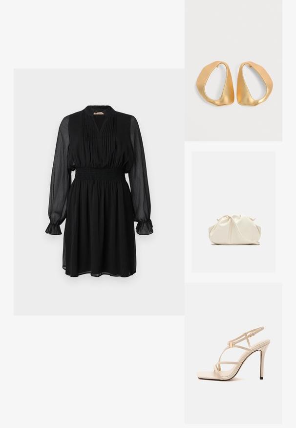 Schwarzes Kleid mit langen, durchsichtigen Ärmeln, einem plisseeartigen Ausschnitt, gesmocksämtlichem Taillenbereich und einem ausgestellten Rock. Der Stoff hat eine leichte, strukturierten Optik.; Beige High-Heeled Sandale mit dünnen Riemchen, einer quadratischen Spitze, Schnallenverschluss und Stilettoabsatz auf weißem Hintergrund.; Weiche, cremefarbene Leder-Clutch mit gerafftem Design und einem dünnen Schulterriemen, der vorne auf einem schlichten Hintergrund liegt.; Paar unregelmäßiger, asymmetrischer goldener Creolen mit glatter, matter Oberfläche vor neutralem Hintergrund.