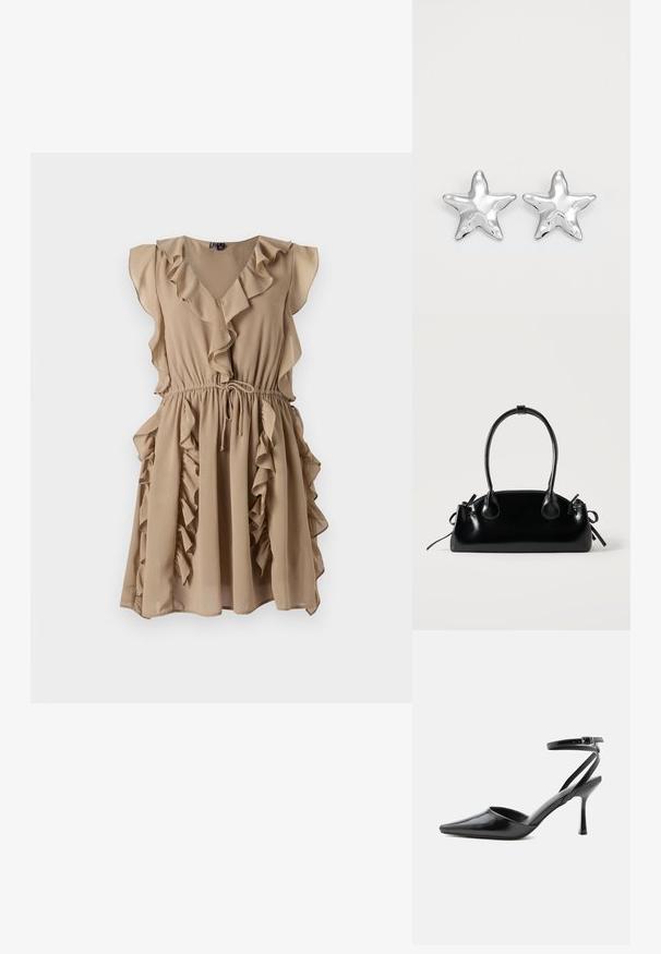 Vestido beige con escote en V, mangas acampanadas y volantes verticales a lo largo del cuerpo y la falda. Cuenta con una cintura ajustable con cordón.; Zapato de tacón alto negro de punta fina con delgadas correas en el tobillo y cierre de hebilla plateada sobre un fondo liso claro.; Pequeño bolso negro brillante con dos asas largas y detalles de cordón lateral sobre un fondo claro liso.; Pendientes en forma de estrella plateada con una superficie pulida y brillante. Cada pendiente presenta cinco puntas y sutiles detalles de textura en la superficie.
