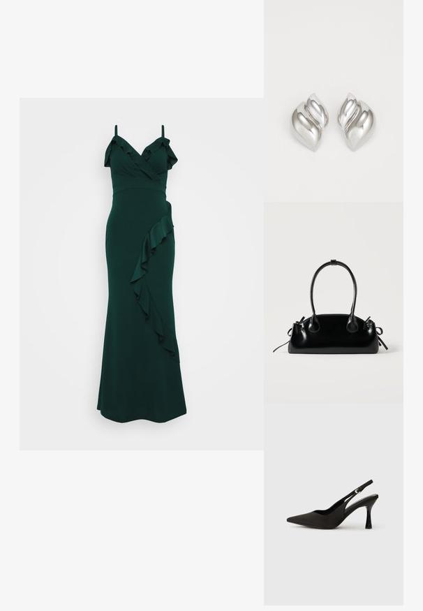 Vestido verde esmeralda con tirantes, escote con volantes y un volado que cae por un lado. Hecho de una tela suave, diseño ajustado al cuerpo.; Zapatos de tacón negro tipo slingback con puntera afilada, acabado mate suave y un tacón delgado y brillante. Correa ajustable con detalle de hebilla pequeña.; Pequeño bolso negro brillante con dos asas largas y detalles de cordón lateral sobre un fondo claro liso.; Pendientes de plata con una forma orgánica y abstracta. Superficie lisa y brillante con un diseño cónico. Presentan suaves curvas y un detalle de línea central.