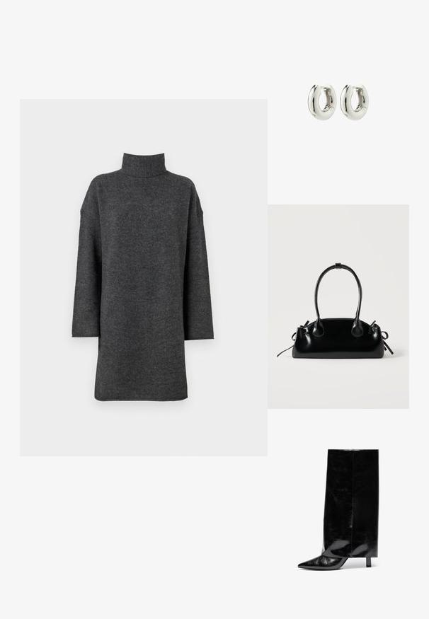 Dunkelgrauer, übergroßer Rollkragenpullover aus weichem Strickmaterial mit überschnittenen Schultern und langen Ärmeln, ausgestattet mit einem grob gerippten Kragen.; Schwarze Leder-Ankle-Boots mit spitzer Zehe und Blockabsatz, ausgestattet mit einem hohen, glanzvollen Schaft und einer strukturierten Oberfläche im unteren Bereich.; Kleine schwarze glänzende Handtasche mit zwei langen Griffen und seitlichen Kordelzug-Details vor einfachem hellem Hintergrund.; Silberne Creolen mit einem glatten, runden Design und glänzender Oberfläche. Verfügt über einen einfachen Scharnierverschluss für ein leichtes Tragen.