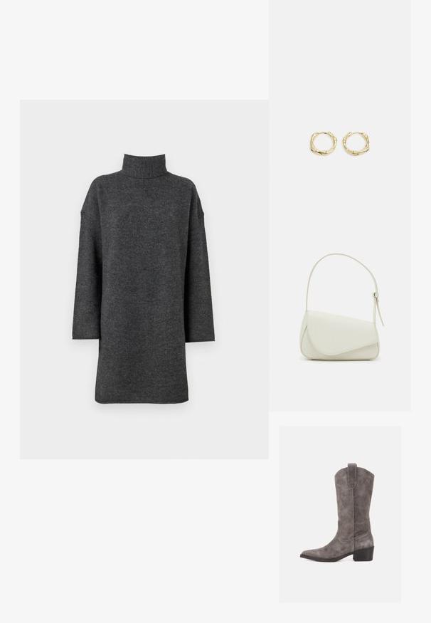 Suéter de cuello alto oversized de color gris oscuro, hecho de un suave material de punto con hombros caídos y mangas largas, que presenta un cuello grueso con canalé.; Bota western de ante gris hasta la mitad de la pantorrilla con puntera puntiaguda, lengüeta para tirar y tacón bajo y apilado sobre fondo blanco.; Bolso de mano de imitación cuero blanco con una forma triangular estructurada, correa ajustable única y cierre con solapa acentuada en curva.; Pendientes de aro de oro con forma irregular y texturizada. Presentan un cierre sin costuras y un acabado pulido, destacando un diseño moderno.