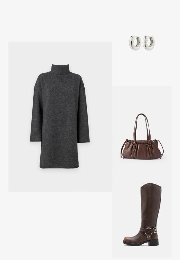 Mørkegrå oversized turtleneck sweater lavet af blødt strikmateriale med dropped shoulders og lange ærmer, der har en chunky ribbet krave.; Brune læderknæhøje støvler med en rund metalhardwaredetalje og spænde. Let struktureret overdel, stablet hæl og rund tå-design.; Brun læderhåndtaske med to lange håndtag, samlet design, aksenter i guldtonet metal og en tekstureret overflade.; Sølvøreringe med en glat, afrundet design og en blank finish. Har en enkel hængselåbning for nem påføring.