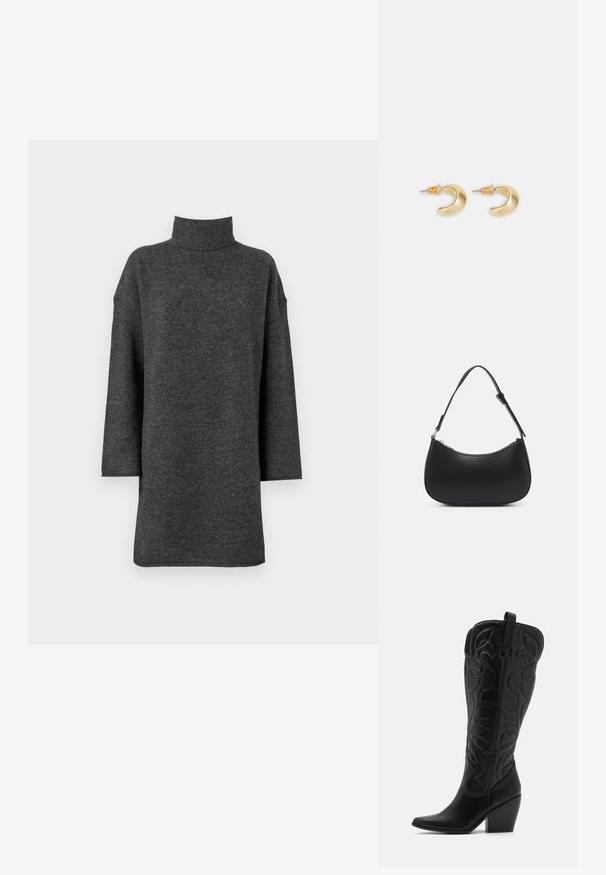 Dunkelgrauer, übergroßer Rollkragenpullover aus weichem Strickmaterial mit überschnittenen Schultern und langen Ärmeln, ausgestattet mit einem grob gerippten Kragen.; Schwarze kniehohe Stiefel aus Leder mit spitz zulaufender Zehenpartie und gestapeltem Absatz. Verfügt über dekorative Nähte und geschwungene Designelemente.; Pieces PCALUANA SHOULDER BAG - Handtasche - black; Goldene, mondförmige Ohrringe mit glatter Oberfläche, die orangefarbene Akzente nahe dem Stecker und silberne Beschläge aufweisen.