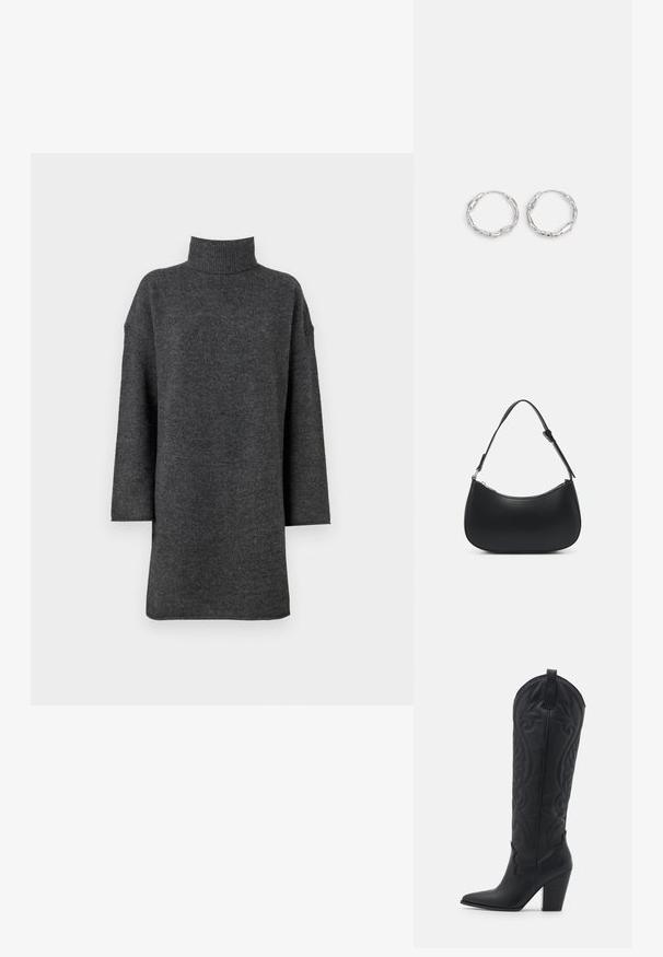 Tmavohnedý oversized rolák vyrobený z mäkkej pleteniny, s padnutými ramenami a dlhými rukávmi, s výrazným rebrovaným golierom.; Zign LEATHER - Kovbojské/motorkárske čižmy - black; Pieces PCALUANA SHOULDER BAG - Kabelka - black; Strieborné kruhové náušnice s vlnitou, nepravidelnou textúrou. Majú tenký, kruhový tvar a reflektujúci povrch.