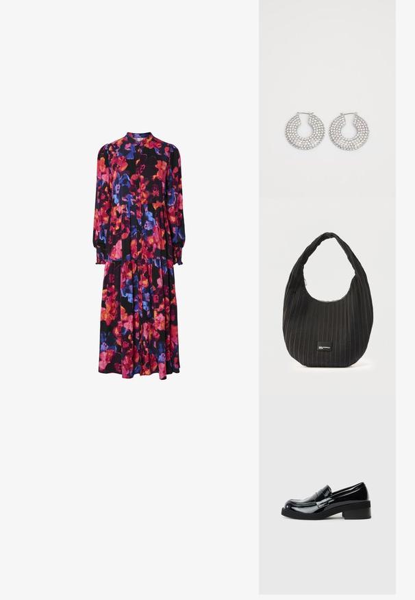 Vestido floral de manga larga con fondo negro y flores en tonos rosa, rojo, púrpura y azul, con botones en la parte delantera y dobladillo en capas.; Mocasines negros de charol con puntera redonda, tacón bajo y un acabado suave y brillante. Presentan una tira decorativa en la parte frontal.; Bolso de hombro de tela negra plisada con cierre de cremallera y parche rectangular con el logo de Karl Lagerfeld Jeans en la parte frontal.; Aros de plata en forma de aro adornados con múltiples embellishments de cristal transparente, con una superficie texturizada y un diseño circular abierto.