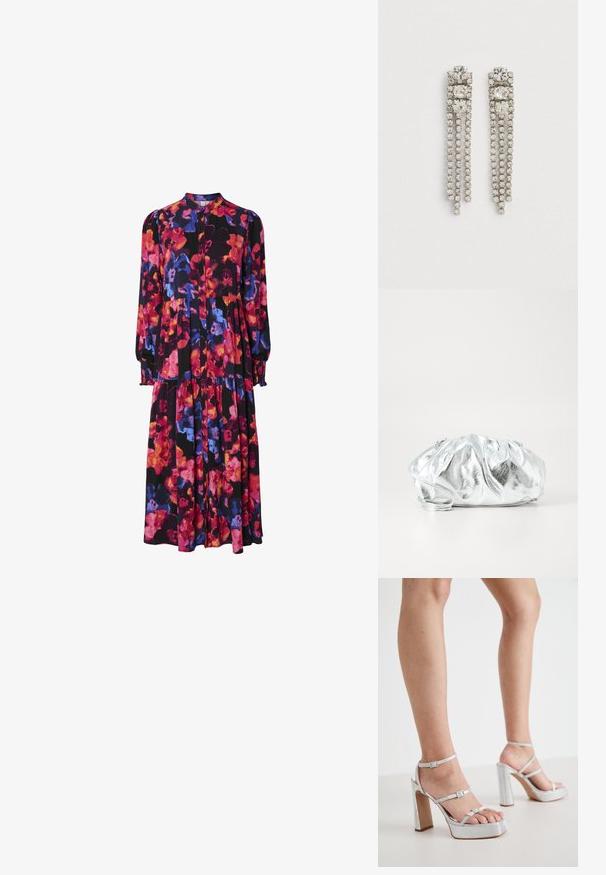 Vestido floral de manga larga con fondo negro y flores en tonos rosa, rojo, púrpura y azul, con botones en la parte delantera y dobladillo en capas.; Sandalias de tacón alto de plataforma plateada con correas para el tobillo, material texturizado, tacón ancho en bloque y hebillas ajustables.; Bolso de mano plateado metálico con un cuerpo suave y fruncido y una correa de hombro delgada. Presenta una textura suave y brillante y una forma redondeada.; Pendientes colgantes de tono plateado con tres grandes cristales cuadrados en la parte superior y tres hebras de cristales redondos más pequeños colgando debajo.