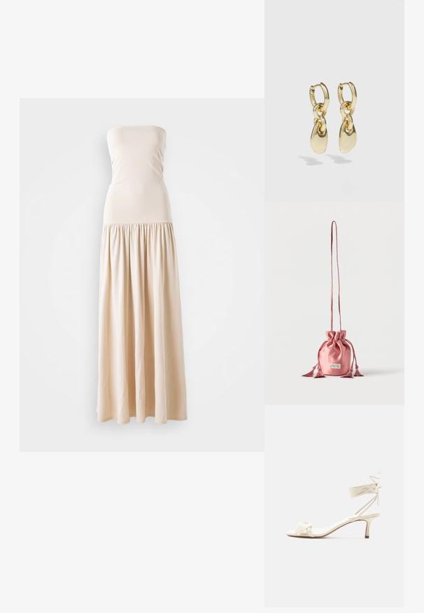 Robe maxi sans bretelles beige avec un corsage ajusté et une jupe plissée fluide, fabriquée en tissu doux, avec une texture lisse tout au long.; Sandale à talon bas de couleur crème avec des liens à nouer autour de la cheville et une large bride torsadée sur les orteils, sur un fond blanc uni.; Petit sac en satin rose avec cordon de serrage, longue sangle et détails à pampilles, debout sur un fond blanc uni.; Boucles d'oreilles en or en forme de créoles, avec un design en maillons et des accents lisses en forme de goutte d'eau. Fini réfléchissant qui améliore l'attrait visuel.