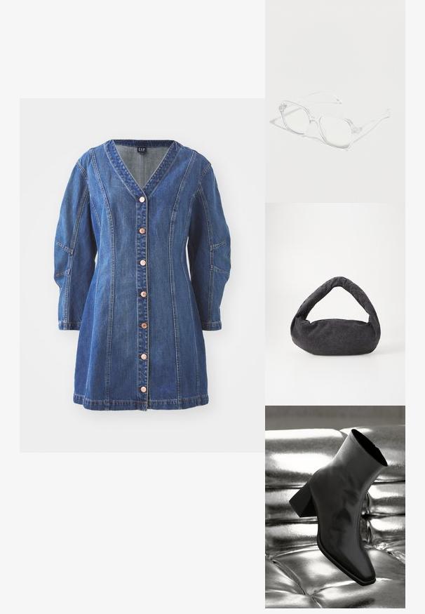 Blaues Jeanskleid mit V-Ausschnitt, langen Ärmeln und durchgehender Knopfreihe. Verfügt über kontrastierende Nähte und Taschen an den Seiten.; Schwarzer Knöchelstiefel aus glänzendem Material mit quadratischer Zehenform und verjüngtem Absatz, vor einem glänzenden silbernen gepolsterten Hintergrund.; Transparente rechteckige Brille mit klaren Fassungen und Bügeln, auf einer weißen Oberfläche mit weichen Schatten platziert.; Dunkelgraue Stofftasche mit einem gebogenen Griff, weicher Textur und runder Form. Keine sichtbaren Beschläge oder Verzierungen.