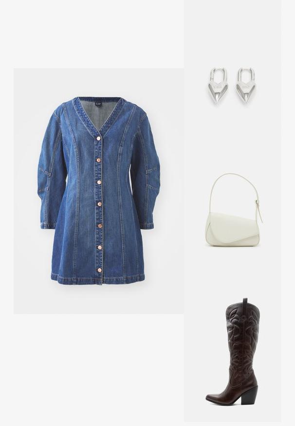 Blaues Jeanskleid mit V-Ausschnitt, langen Ärmeln und durchgehender Knopfreihe. Verfügt über kontrastierende Nähte und Taschen an den Seiten.; Hoher dunkelbrauner Leder-Cowboystiefel mit gestickten dekorativen Mustern, spitzer Spitze und gestapeltem Blockabsatz.; Weiße Kunstleder-Handtasche mit einer strukturierten dreieckigen Form, einem verstellbaren Einzelgurt und einem Klappenverschluss mit geschwungenen Akzenten.; Silberne herzförmige Vorhängeschlösser mit eingravierten "JA"- und "NEIN"-Texten, polierte Oberfläche, symmetrisches Design und einem robusten Metallverschluss.