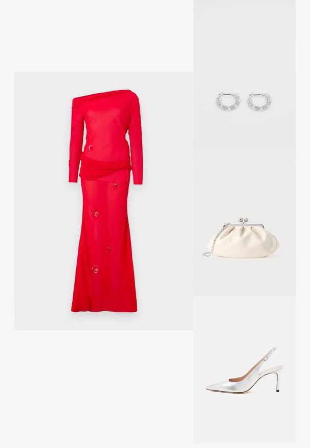 Rode jurk met lange mouwen en een off-the-shoulder ontwerp, gedrapeerde lijfje en versierde bloemenpatronen op de rok. Soepele stoftextuur.; Zilverkleurige slingback pumps met een puntige neus, gesp en een slanke hak van gemiddelde hoogte.; Crèmekleurige stoffen clutch met een geplooid ontwerp, een zilverkleurig metalen frame, twee decoratieve balletjes en een zilveren kettingriem.; Zilveren oorringen met parel- en kristalaccenten, met een gestructureerd oppervlak en een veilige postsluiting.