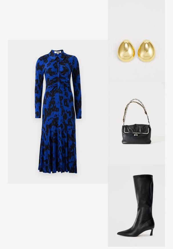 Blauwe jurk met luipaardprint, lange mouwen, kraag, gerimpelde bodice en een uitlopende rok. Gemaakt van een gladde, rekbare stof.; Zwarte leren kniehoge laarzen met een puntige neus en een bescheiden hak. Gladde textuur en slank ontwerp met subtiele stikseldetails.; Zwarte leren clutch tas met zilverkleurig frame en sluiting, met een korte handgreep die zilveren ketting en geel-zwarte geruite stof combineert.; Gouden studoorbellen met een gladde, gepolijste afwerking en een druppelvorm, die licht reflecteren voor een glanzende uitstraling.