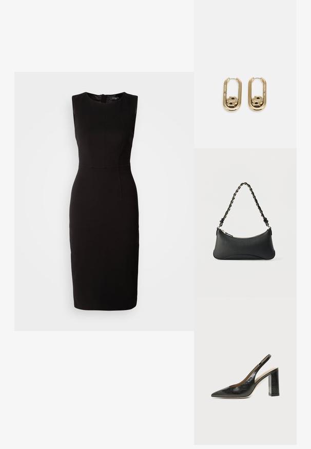 MARCIANO BY GUESS ZIP MIDI DRESS - Jerseykjole - black; Sort læder peep-toe slingback sko med blokhæl og et lille logo på siden, sat mod en enkel hvid baggrund.; Sort skuldertaske i læder med en buet rektangulær form, gyldent kæde vævet ind i en flettet sort rem og toplynlås.; BOSS DOUBLE B SWING - Øreringe - gold-coloured