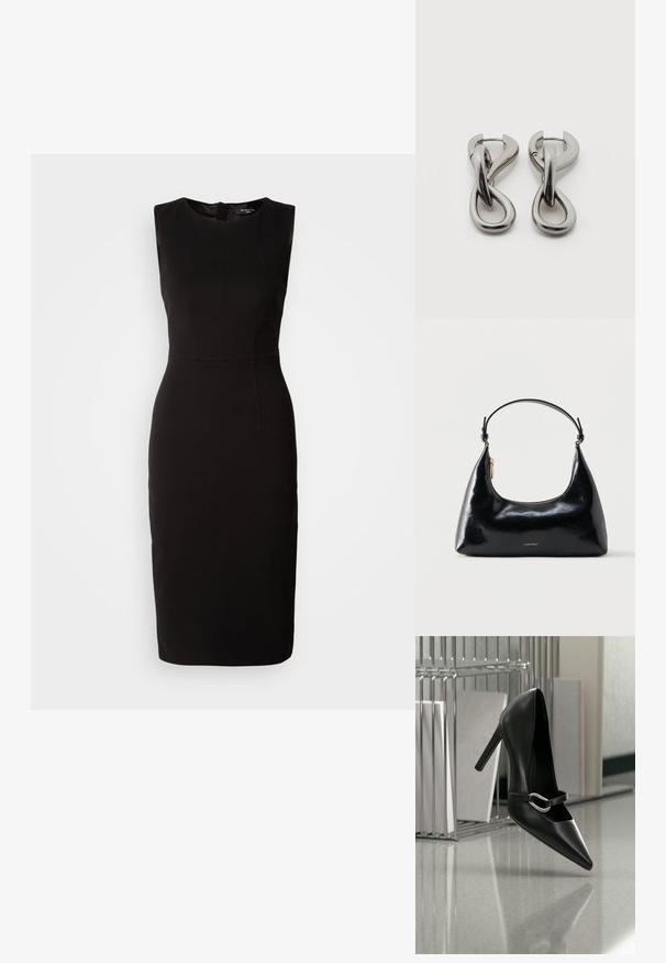 MARCIANO BY GUESS ZIP MIDI DRESS - Trikotaažkleit - black; Must terava säärega kõrge kontsaga king hõbedase pandlaga rihmaga, asetatud peegeldavale pinnale metallist failide korraldaja lähedal, kus hoitakse pabereid.; Musta läikiv Calvin Kleini käekott kuldse luku ja lühikese rihmaga valgel taustal.; Hõbedatoonides metallist kõrvarõngad abstraktse üksteisega põimunud aasade disainiga valgel taustal.