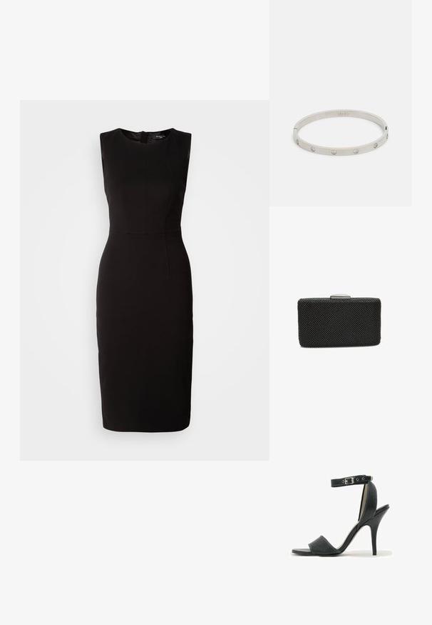 MARCIANO BY GUESS ZIP MIDI DRESS - Jerseykjole - black; Sort sandal med høj hæl, ankelrem og spænde, åben tå og tynd hæl på hvid baggrund.; Sort rektangulær clutch med tekstureret overflade, der har et metalspænde på toppen og en perledesign for ekstra detalje.; LIU JO BANGLE BRACELET ESSENTIAL - Armbånd - silver-coloured/white