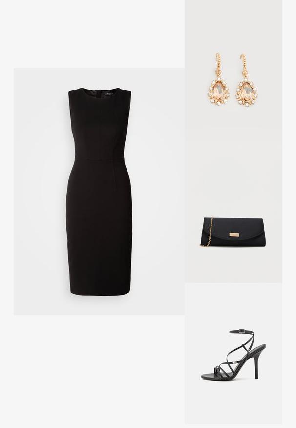 MARCIANO BY GUESS ZIP MIDI DRESS - Jerseykjole - black; Sort højhælet sandal med tynde stropper, en ankelspænde, en glat læderoverflade og en slank stilethæl.; Sort kuverttasker med en guldkæde-rem og et lille guld rektangulært logo-plakette på frontklappen.; Guld øreringe med kroge med store pæreformede ferskensten omgivet af små klare krystaller på en ensfarvet hvid baggrund.