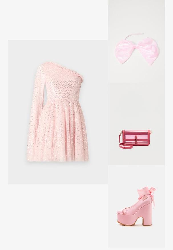 Robe rose à une épaule avec une longue manche transparente, décorée de paillettes, avec un col froncé et une jupe évasée.; Chaussure à talon haut à plateforme rose avec talon bloc épais, rubans autour de la cheville noués en nœud et semelle crantée.; Sac d'épaule rectangulaire transparent rose avec fermeture à rabat et bandoulière réglable, posé sur un fond clair uni.; Accessoire capillaire rose et brillant en forme de grand nœud, avec une texture lisse et une fine sangle pour le maintenir en place.