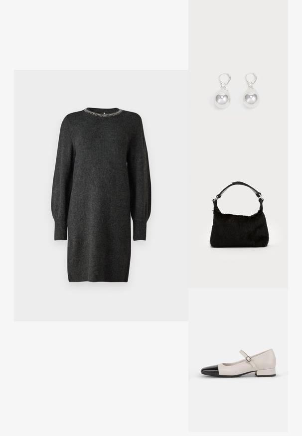 Robe tricotée gris foncé avec un décolleté rond orné d'accents métalliques. Présente des manches longues légèrement bouffantes et des poignets côtelés.; Chaussure de style Mary Jane en cuir crème avec un bout en vernis noir. Présente un bout rond, une sangle de cheville avec une boucle carrée et un petit talon carré.; Sac à main en fausse fourrure noire avec une texture douce, une forme arrondie et une bandoulière en cuir noir robuste. Accent en métal argenté visible.; Boucles d'oreilles en argent en forme de goutte avec des surfaces lisses, rondes et réfléchissantes, suspendues à des fermoirs à ressort. L'arrière-plan est blanc uni.