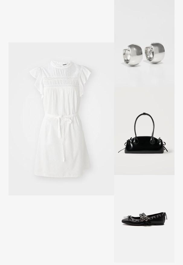 Vestido blanco con mangas cortas con volantes, bodice fruncido y cinturilla con lazo. Presenta un sutil patrón de puntos texturizados y un escote alto.; Zapato de ballet plano negro con correas de doble hebilla, ojales plateados y un pequeño lazo cerca de la puntera redondeada sobre un fondo blanco.; Pequeño bolso negro brillante con dos asas largas y detalles de cordón lateral sobre un fondo claro liso.; Uncommon Matters SCULPTURAL LARGE CREOLE - Pendientes - silver-coloured