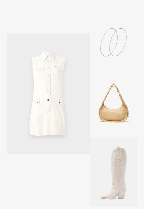 Mouwloze witte denim jurk met twee voorzakken, een knoopsluiting en een aansluitende taille. Voorzien van een klassieke kraag en een lengte van een mini-jurk.; Witte leren cowboylaars met een spitse neus en een vierkante hak. Heeft ingewikkelde stikpatronen op de schacht en een soepele textuur.; Geverfde beige tas met een ronde vorm, rafelige rand langs de randen en een korte schouderband. Ritsopening aan de bovenkant.; Zilveren hoepel oorbellen met een minimalistisch ontwerp. Cirkelvormig, gladde textuur en dun profiel. Lichtgewicht met een gepolijste afwerking.