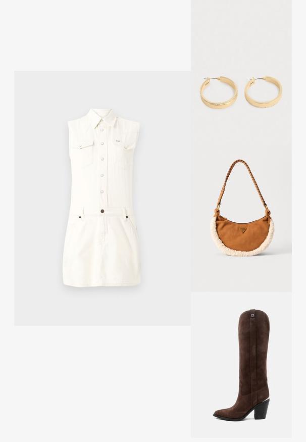 Mouwloze witte denim jurk met twee voorzakken, een knoopsluiting en een aansluitende taille. Voorzien van een klassieke kraag en een lengte van een mini-jurk.; Hoge bruine westernlaars van suède met een puntige neus en gestapelde zwarte hak op een effen lichte achtergrond.; Bruine suède handtas met een crèmekleurige nepbont afwerking en een gevlochten handvat. Kenmerkt zich door een driehoekig logo aan de voorkant en een ritssluiting.; Een paar gouden hoepel oorbellen met een rij kleine kristallen langs de buitenrand, getoond op een effen lichte achtergrond.