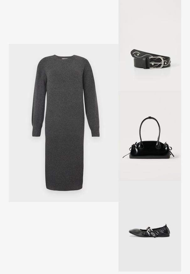 Vestido de punto gris oscuro con mangas largas, escote redondo y puños acanalados. Largo hasta la mitad de la pantorrilla y textura suave. Diseño sencillo sin patrones.; Zapato plano de piel negra con puntera afilada, detalle fruncido alrededor de la abertura y un acento de hebilla plateada en la correa ajustable.; Pequeño bolso negro brillante con dos asas largas y detalles de cordón lateral sobre un fondo claro liso.; Cinturón de cuero sintético negro con remaches plateados en un patrón ondulado, con una hebilla de metal plateado y un acabado texturizado.