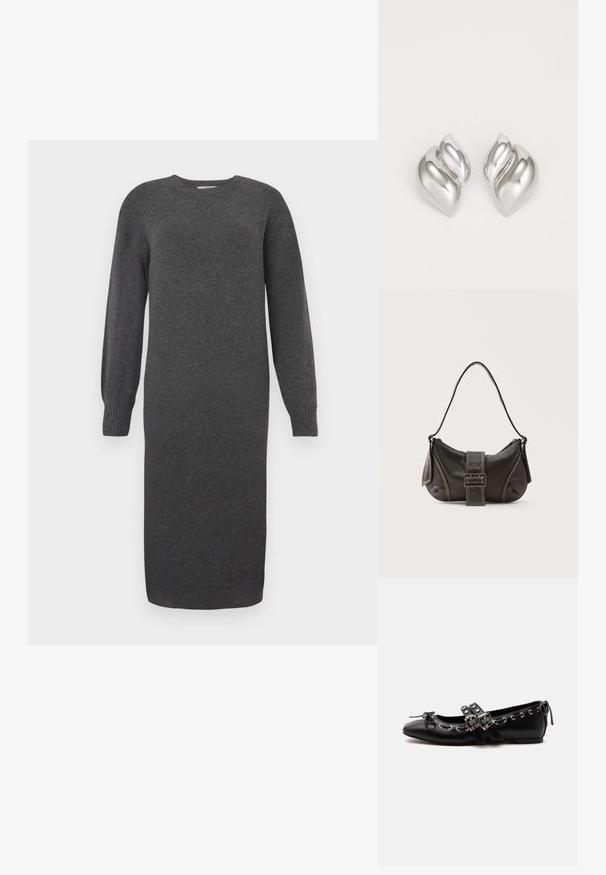 Dunkelgraues Strickkleid mit langen Ärmeln, rundem Ausschnitt und gerippten Bündchen. Knielang und mit glatter Textur. Einfaches Design ohne Muster.; Schwarzer flacher Ballettschuh mit doppelten Schnallenriemen, silbernen Ösen und einer kleinen Schleife nahe der abgerundeten Spitze auf weißem Hintergrund.; Schwarze Leder-Schultertasche mit Schnallengurt-Detail, abgerundeten Kanten und kontrastierenden weißen Nähten auf schlichtem Hintergrund.; Silberne Ohrringe mit einer organischen, abstrakten Form. Glatte, glänzende Oberfläche mit einem konischen Design. Mit dezenten Kurven und einem zentralen Linienelement.