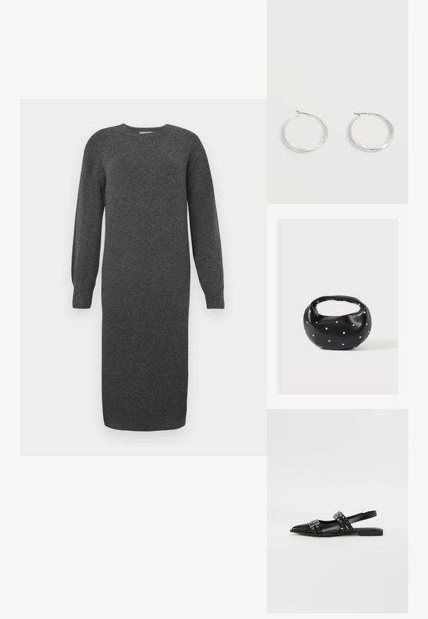 Tumehall villane kleit pikkade varrukatega, ümmarguse kaelusega ja ribaga mansettidega. Pikkus keskmise sääreni ja sile tekstuur. Lihtne disain ilma mustriteta.; Even&Odd by Zalando Kannarihmaga baleriinad - black; Mustast nahast ümmarguse kujuga käekott, kaunistatud hõbedaste naeladega, lühikese sangaga. Sile tekstuur ja tõmblukuga sulgemine.; Hõbedased metallist rõngakujulised kõrvarõngad, millel on sile, kergelt kaarduv pind ja lukustuvad tagused kinnitused, valgel taustal.