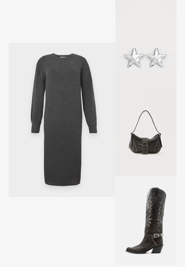 Robe tricotée gris foncé avec des manches longues, un col rond et des poignets côtelés. Longueur mi-mollet et texture lisse. Design simple sans motifs.; Botte de cowboy en cuir noir avec découpes décoratives, boucle argentée et talon incliné, présentée sur fond blanc.; Sac à épaule en cuir noir avec une sangle à boucle, des bords arrondis et des coutures blanches contrastées sur un fond uni.; Boucles d'oreilles argentées en forme d'étoile, avec une surface lisse et brillante. Chaque boucle d'oreille possède cinq pointes et des détails subtils de texture de surface.
