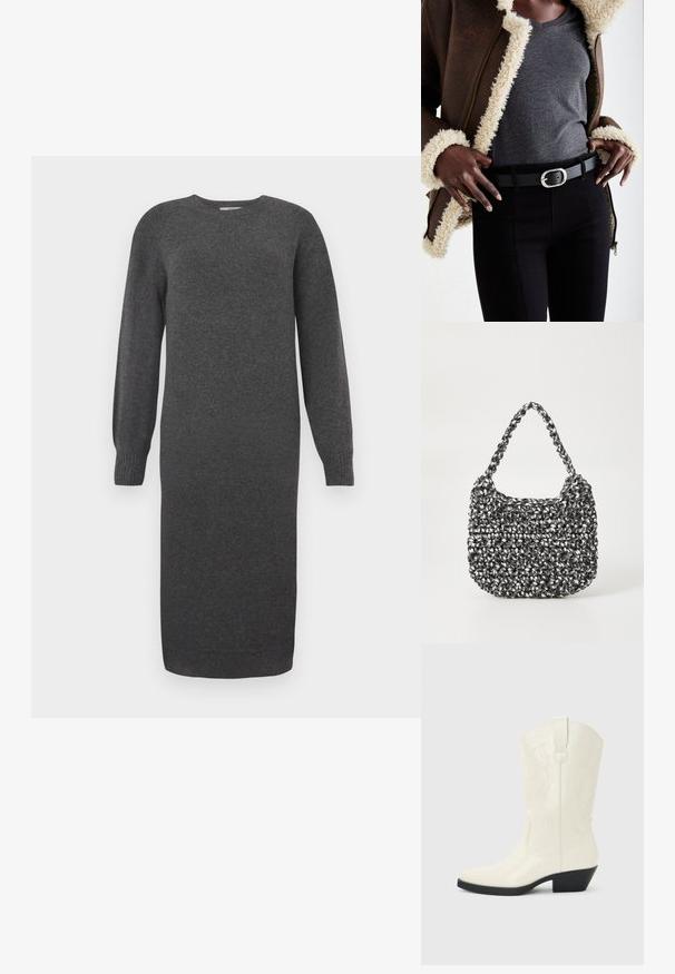 Dunkelgraues Strickkleid mit langen Ärmeln, rundem Ausschnitt und gerippten Bündchen. Knielang und mit glatter Textur. Einfaches Design ohne Muster.; Weißer Western-Stiefel in mittlerer Wadenhöhe mit spitzer Schuhspitze, schwarzem gestapeltem Absatz, dekorativen Nähten und Zuglasche an der Schaftseite.; Gewebte Handtasche in Schwarz und Weiß mit runder Form, strukturiertem Oberflächenfinish und geflochtener Grifffläche. Geeignet für den lässigen Gebrauch.; Braune mit Schaffell gefütterte Jacke, graues V-Ausschnitt-Shirt, schwarzer Gürtel mit ovaler silberner Schnalle, schwarze enge Jeans, strukturierte Materialien und geschichtetes Design.