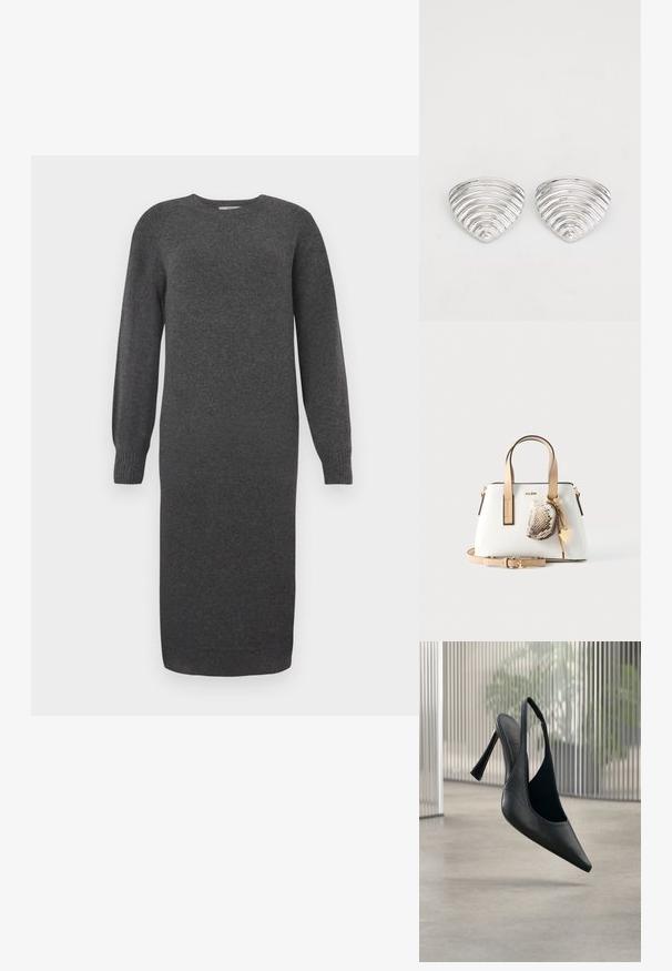 Dunkelgraues Strickkleid mit langen Ärmeln, rundem Ausschnitt und gerippten Bündchen. Knielang und mit glatter Textur. Einfaches Design ohne Muster.; Schwarzer Leder Slingback-Stiletto mit spitzer Schuhspitze, schwebt über einem glatten Betonboden und einem vertikalen Metallpaneel im Hintergrund.; Weiße Handtasche mit beigen Griffen und Riemen, kleiner Münzbeutel in Schlangenlederoptik und goldenem Herzanhänger vorne befestigt.; Ohrringe in Silberoptik mit einem wellenförmigen, strukturierten Design, das wie überlappende Halbmonden geformt ist; die polierte Oberfläche verstärkt die reflektierenden Eigenschaften.