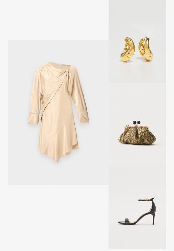 Rabanne Robe de soirée - skin nude; Sandale à talons hauts en cuir noir avec une lanière de cheville. Présente une texture lisse, un bout ouvert et un talon fin. Détail de boucle en ton doré.; Petite pochette avec motif géométrique doré et noir, cadre en métal doré, fermeture à boule noire et une courte chaîne dorée.; Boucles d'oreilles en or en forme de d'anneaux lisses et courbés avec une finition polie. Équipées d'un mécanisme de fermeture et de légères indentations pour le détail.
