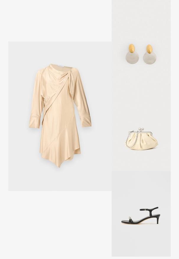 Rabanne Robe de soirée - skin nude; Sandale noire en cuir à talon avec bride à la cheville, bout ouvert, devant carré et accent en métal argenté. Design ajusté avec un profil élégant.; Pochette en cuir beige plissé avec un cadre en métal argenté, dotée de deux fermoirs ronds décoratifs et d'une chaîne en argent.; Boucles d'oreilles en métal doré et argenté avec une base en disque rond et une pièce supérieure ovale, texture lisse et finition polie.