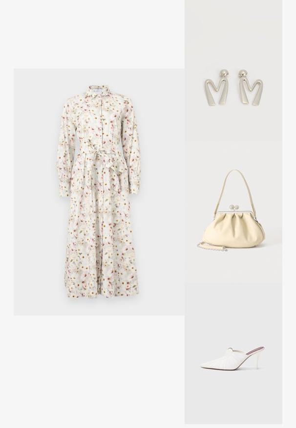 Robe longue boutonnée en tissu crème avec imprimé floral en rose, jaune et vert. Comprend une ceinture à la taille et des manches longues.; Mules blanches à bout pointu, texture plissée sur le dessus, et talon stiletto fin. Surface lisse et design minimaliste.; Sac à main en cuir souple couleur crème avec un design froncé, fermoir cadre argenté, poignée courte et bandoulière chaîne amovible.; Paire de boucles d'oreilles en métal argenté en forme de lettre M angulaire avec des tiges arrondies sur fond blanc.