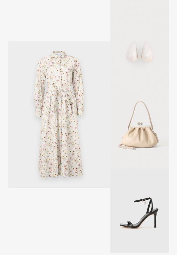 Robe longue boutonnée en tissu crème avec imprimé floral en rose, jaune et vert. Comprend une ceinture à la taille et des manches longues.; Sandale à talon haut noire avec une bride étroite à la cheville, bout carré, cuir lisse et accent de boucle métallique.; Sac à main en cuir souple beige avec un fermoir en métal argenté, une bandoulière simple et une bandoulière chaîne optionnelle sur fond blanc.; Boucles d'oreilles en métal argenté en forme de goutte, avec une surface lisse et réfléchissante, présentant un design sans couture et sans embellissements visibles.