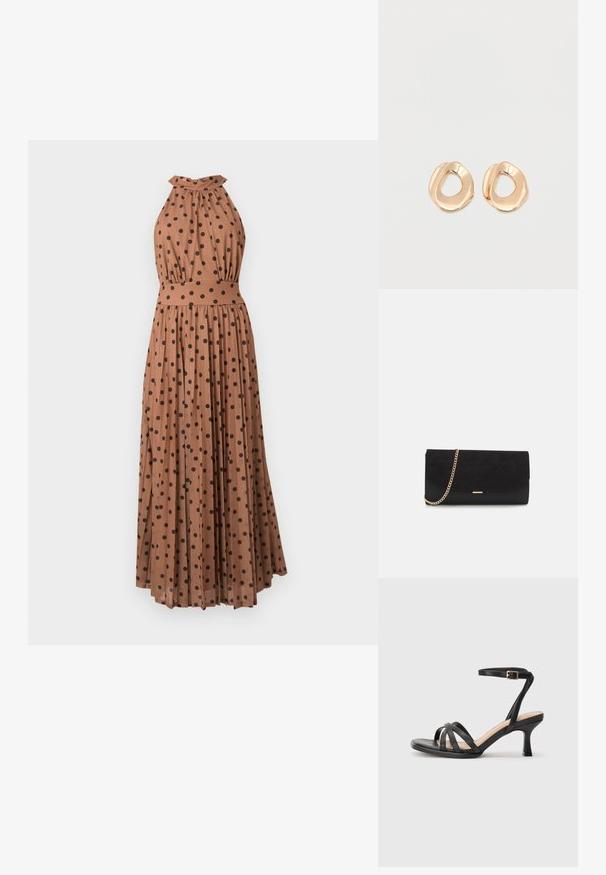 Robe longue marron sans manches à pois noirs, col halter avec détail nœud, taille cintrée et jupe plissée.; Sandales à talons noirs avec plusieurs fines lanières sur le bout, une seule lanière à la cheville avec une boucle dorée, et un bout carré.; Porte-monnaie noir en daim avec une finition texturée, doté d'une chaîne dorée et d'un design épuré et angulaire.; Paired boucles d'oreilles en métal doré poli de forme irrégulière avec un centre ouvert sur un fond blanc uni.