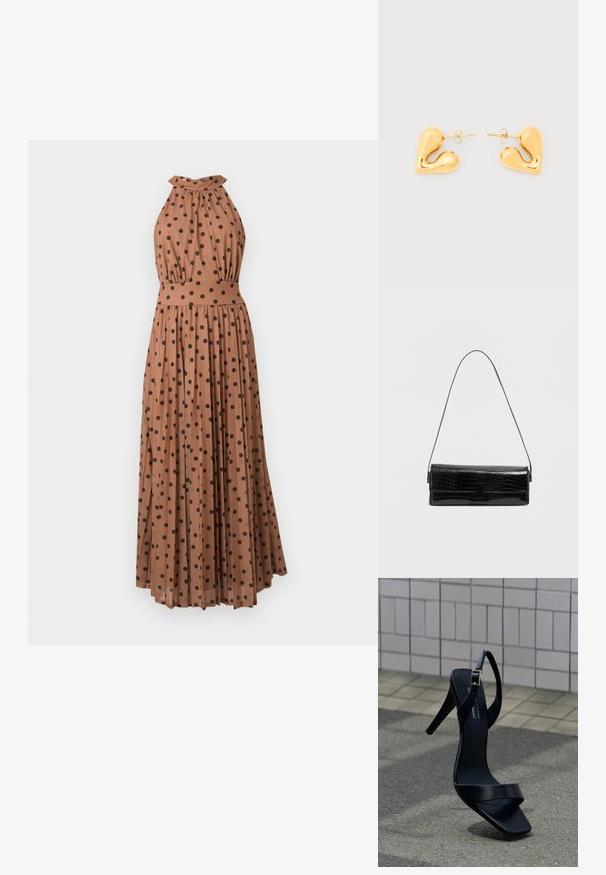 Robe longue marron sans manches à pois noirs, col halter avec détail nœud, taille cintrée et jupe plissée.; Sandale noire à talon haut avec bride à la cheville et bout carré, posée sur le pavé devant un mur carrelé.; Sac à bandoulière en cuir noir effet croco, forme rectangulaire, texture brillante, avec une fine sangle réglable et une fermeture à rabat frontale.; Boucles d'oreilles clous en forme de cœur ton or avec un design lisse et courbé et des fermetures papillon sur fond blanc.