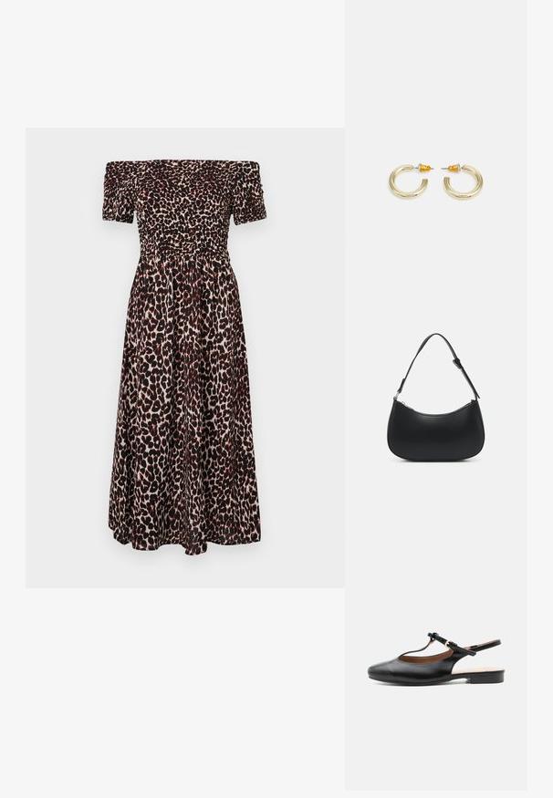 Off-shoulder, luipaardprint jurk met een gesmokt lijfje, korten pofmouwen en een vloeiende rok. Voornamelijk zwart en bruin.; Zwarte leren platte slingbackschoen met T-bandje en gouden gesp op een neutrale achtergrond.; Pieces PCALUANA SHOULDER BAG - Handtas - black; Gouden hoepel oorbellen met een zachte, ronde vorm en een gepolijste afwerking. Kenmerkt oranje accenten aan de achterkant voor een veilige bevestiging.