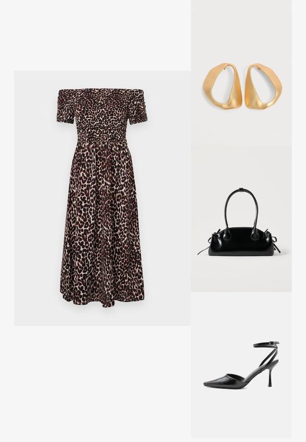 Vestido de leopardo con escote caído, que presenta un cuerpo fruncido, mangas cortas abullonadas y una falda fluida. Predomina los colores negro y marrón.; Zapato de tacón alto negro de punta fina con delgadas correas en el tobillo y cierre de hebilla plateada sobre un fondo liso claro.; Pequeño bolso negro brillante con dos asas largas y detalles de cordón lateral sobre un fondo claro liso.; Par de pendientes de aro dorados irregulares y asimétricos con acabado suave y mate sobre fondo neutro.