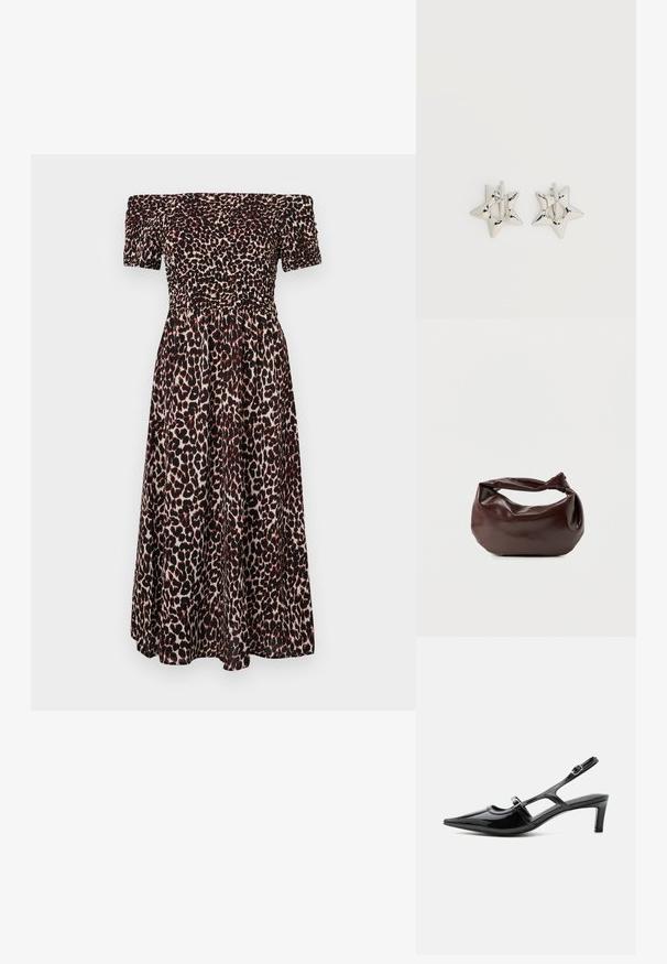 Vestido de leopardo con escote caído, que presenta un cuerpo fruncido, mangas cortas abullonadas y una falda fluida. Predomina los colores negro y marrón.; Zapato slingback de charol negro con punta puntiaguda, tacón bajo y dos correas ajustables con hebillas, mostrado de perfil lateral.; Bolso de hombro de cuero marrón oscuro con una forma suave y caída, y un asa con nudo torcido sobre un fondo blanco liso.; Pendientes de aro plateados en forma de estrella con un acabado liso y pulido sobre un fondo blanco liso.