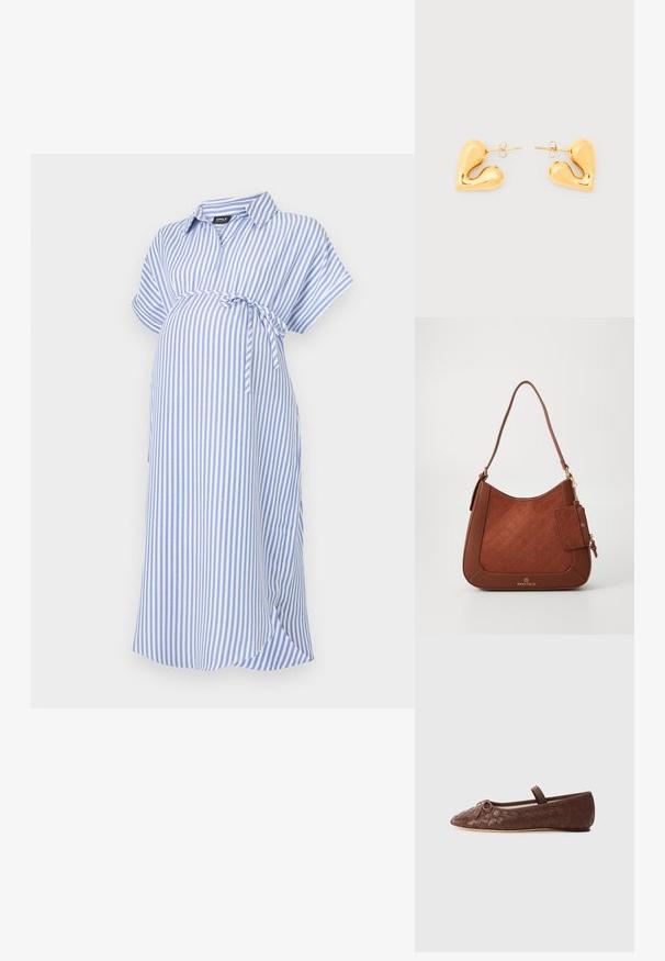 Blauw-wit gestreepte zwangerschapsjurk, korte mouwen, kraagnaad, met een strik in de taille, gemaakt van zachte stof met een comfortabele pasvorm.; Bruine geweven leren balletschoenen met een ronde neus, kleine strikaccent en een elastische band om de enkel voor een veilige pasvorm.; Bruine leren schoudertas met reliëfpatroon, gouden hardware, bijgevoegd bijpassend kaartjeshouder en "ANNA FIELD" logo op de voorkant.; Oorbellen in goudkleur in de vorm van een hartje, met een glad, gebogen ontwerp en vlindersluiting, geplaatst op een witte achtergrond.
