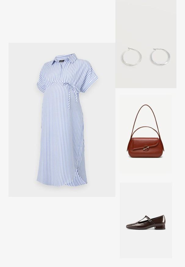 Vestido de maternidad a rayas azul y blanco, de mangas cortas, con cuello tipo polo, que cuenta con un lazo en la cintura, hecho de una tela suave con un corte relajado.; Zapatos Mary Jane de charol marrón con punta redondeada, diseño recortado y una correa ajustable. Tacón bajo y ancho.; Bolso de hombro de cuero marrón con forma rectangular redondeada, solapa asimétrica, cierre circular plateado y dos correas delgadas.; Pendientes de aro de metal plateado con superficie lisa y ligeramente curvada y cierre de tipo mosquetón sobre un fondo blanco liso.