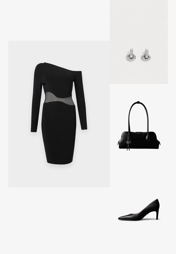 Μαύρο φόρεμα bodycon με έναν ώμο, μακρυά μανίκια και διαφανές δίχτυ στο ύψος της μέσης, μήκος μέχρι το γόνατο και στενή γραμμή.; Γυναικεία γόβα από μαύρο δέρμα με μυτερή μύτη και μεσαίο τακούνι, απεικονισμένη από το πλάι σε λευκό φόντο.; Μαύρη δερμάτινη τσάντα Calvin Klein με μακριές λαβές, μπροστινή ετικέτα με το λογότυπο και ασημένιο γεωμετρικό γούρι που κρέμεται από τη μία λαβή.; Ζευγάρι μικρά, γυαλιστερά ασημένια σκουλαρίκια κρίκοι με στρογγυλή βάση, τοποθετημένα σε απλό φωτεινό φόντο.