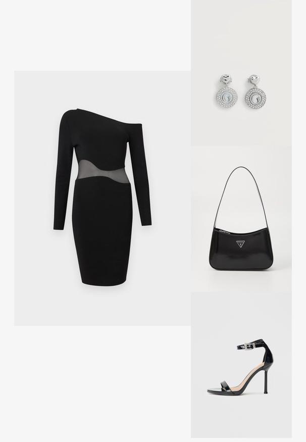 Μαύρο φόρεμα bodycon με έναν ώμο, μακρυά μανίκια και διαφανές δίχτυ στο ύψος της μέσης, μήκος μέχρι το γόνατο και στενή γραμμή.; Μαύρο σανδάλι με ψηλό τακούνι από δερμάτινο πατέντα, με λουράκι στο αστράγαλο. Διαθέτει μινιμαλιστικό σχεδιασμό, ανοιχτή μύτη και αγκράφα διακοσμημένη με στρας.; Μαύρη πατενταρισμένη δερμάτινη τσάντα ώμου με καμπύλη μορφή, διαθέτει ασημένιο λογότυπο σε σχήμα τριγώνου και κλείσιμο με φερμουάρ. Λείο υλικό και λεπτός ιμάντας.; Ασημένια καρφωτά σκουλαρίκια με κυκλικά κρεμαστά στοιχεία που έχουν περίγραμμα από στρας και ανάγλυφο γράμμα "G" στο κέντρο.