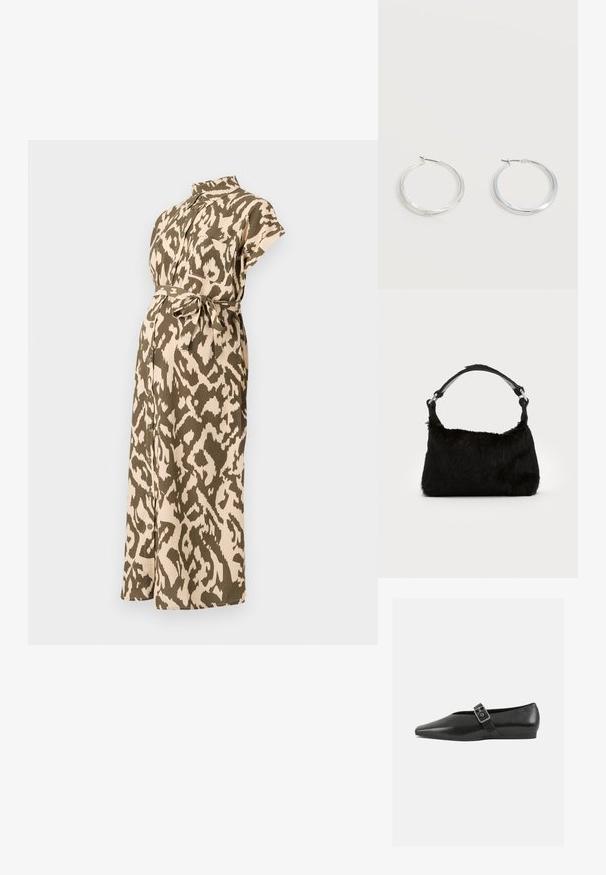 Schwangerschaftsbekleidung in einem braunen und olivgrünen Tierdruck, mit kurzen Ärmeln, einem Kragen, einer taillierten Taille und einer durchgehenden Knopfleiste.; Schwarze Lederflachschuhe mit spitzem Zehenbereich, ausgestattet mit einem metallischen Riemen über dem Spann und einer niedrigen, flexiblen Sohle.; Schwarze Kunstfell-Handtasche mit weicher Textur, runder Form und einem stabilen schwarzen Leder-Schulterriemen. Sichtbare silberne Hardware-Akzente.; Silberne Metallcreolen mit glatter, leicht gebogener Oberfläche und Klappverschluss vor schlicht weißem Hintergrund.