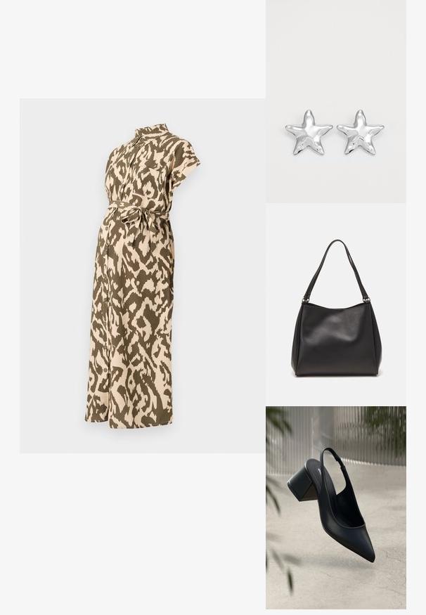 Vestido de maternidad en un estampado animal en tonos beige y verde oliva, con mangas cortas, cuello, cintura ceñida con cinturón y cierre frontal de botones.; Zapato de tacón slingback de cuero negro con punta afilada y tacón cuadrado. Textura suave, diseño minimalista y correa ajustable en el tobillo.; Bolso de mano de cuero sintético negro con una textura suave, forma de hobo y doble asa; presenta un acabado brillante y un diseño minimalista.; Pendientes en forma de estrella plateada con una superficie pulida y brillante. Cada pendiente presenta cinco puntas y sutiles detalles de textura en la superficie.